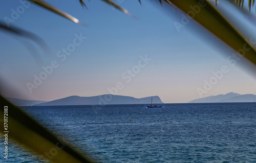 Canvas Print Fishing boat and islnds Dokos and Hydra  - awe seascape in summer at Greek islan
