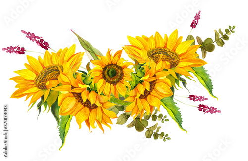 Fototapeta Naklejka Na Ścianę i Meble -  Yellow sunflower, watercolor on a white background. Sunshine, sunny flower.