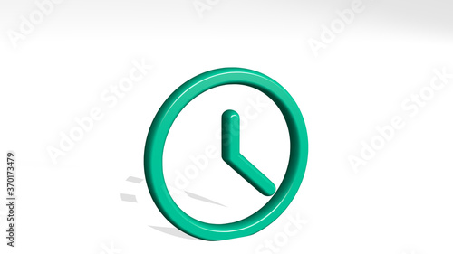 TIME CLOCK CIRCLE from a perspective with the shadow. A thick sculpture made of metallic materials of 3D rendering. illustration and background