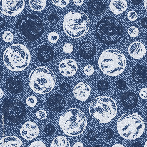 Vector Denim seamless pattern. Blue Jeans background with Circles. Abstract polka dot pattern with hand painted dots

