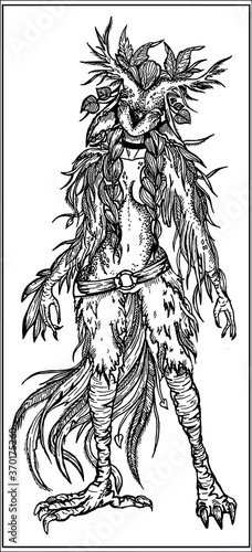 Magic dark creature, isolated character, fairytale bird, Owl with fluffy big ears, leaves and feathers, with long braids, big claws and a belt on its waist, powerful legs and a bushy tail.