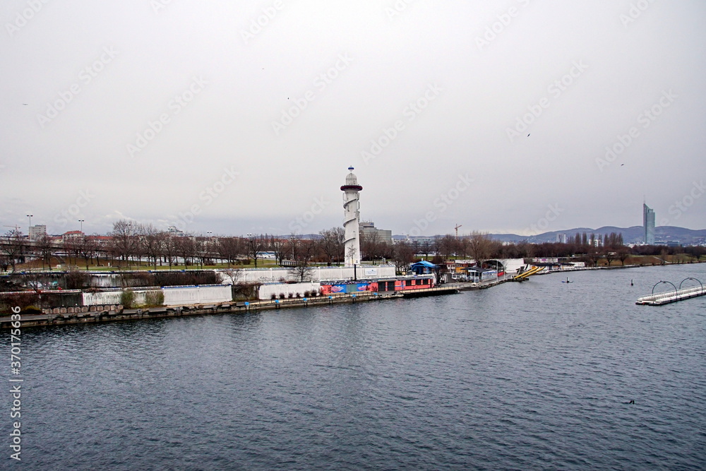 The lighthouse on the Danube Island in the Sunken City in Vienna, Austria