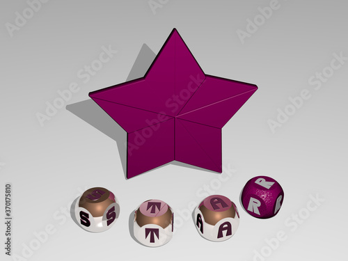 3D graphical image of star vertically along with text built around the icon by metallic cubic letters from the top perspective, excellent for the concept presentation and slideshows. illustration photo