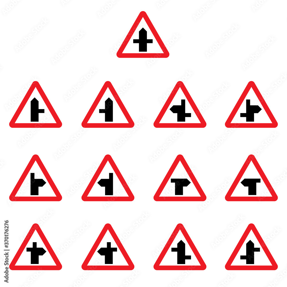 Vector illustration of crossroads traffic sign set. Red triangle warning road  signs with various types of cross roads. Staggered junction ahead,  T-junction ahead and side road ahead. Stock Vector | Adobe Stock