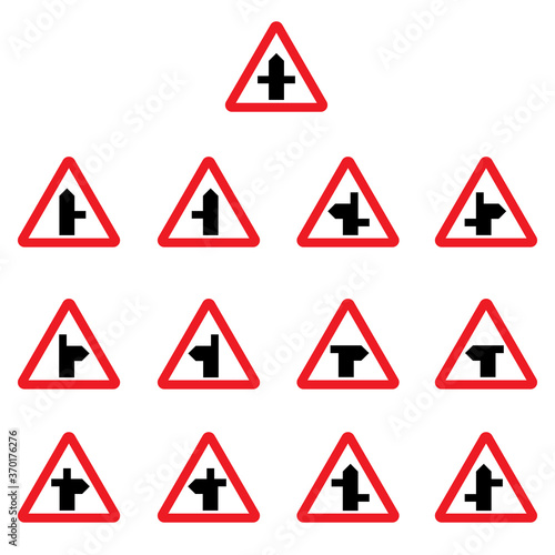 Free Download Vector illustration of crossroads traffic sign set. Red triangle warning road signs with various types of cross roads. Staggered junction ahead, T-junction ahead and side road ahead. - GFXLoad