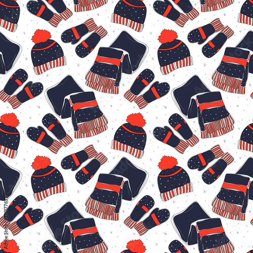 Seamless pattern of winter hand drawn scarf, mittens and winter hat. Knitted winter. Vector stock illustration isolated on white background. Warm wear item.