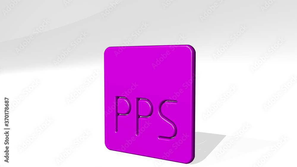 file pps stand with shadow. 3D illustration of metallic sculpture over a white background with mild texture. icon and business file pps stand with shadow. 3D illustration of metallic sculpture over a white background with mild texture. icon and business