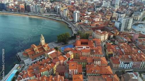 Gijon, buildings in the beautiful  coastal city of Asturias,Spain. Aerial Drone Footage photo