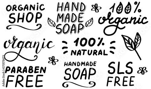 Organic shop. SLS paraben free. 100 percent organic.Handmade soap logo. Concept of natural products, food, cosmetics. Lettering calligraphy icon. Vector eps handwritten brush black text.