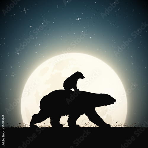 Bears family. Animal mother and baby silhouette. Moon in starry night