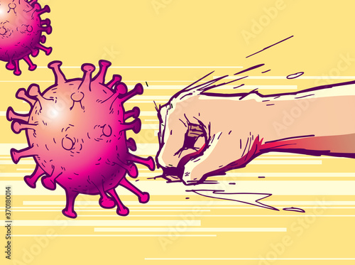 Hand punch fighting a virus, novel coronavirus, COVID-19, vector illustration.