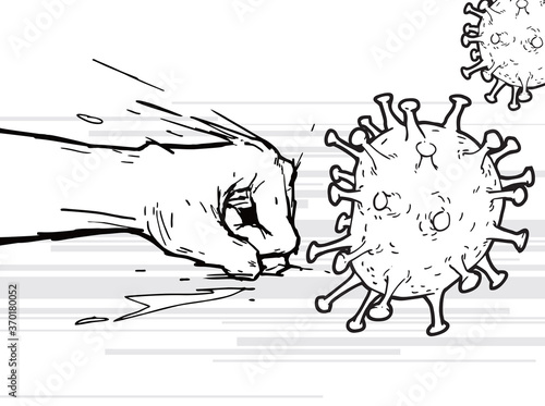 Hand punch fighting a virus, novel coronavirus, COVID-19, vector illustration.