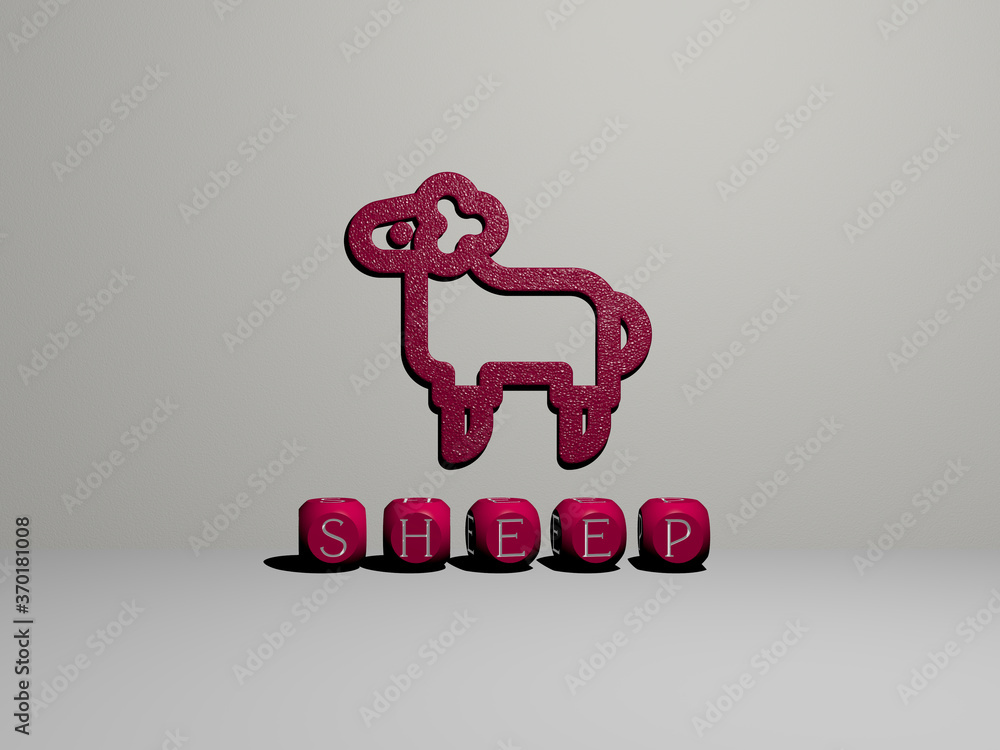3D graphical image of sheep vertically along with text built by metallic cubic letters from the top perspective, excellent for the concept presentation and slideshows. animal and illustration 3D graphical image of sheep vertically along with text built by metallic cubic letters from the top perspective, excellent for the concept presentation and slideshows. animal and illustration