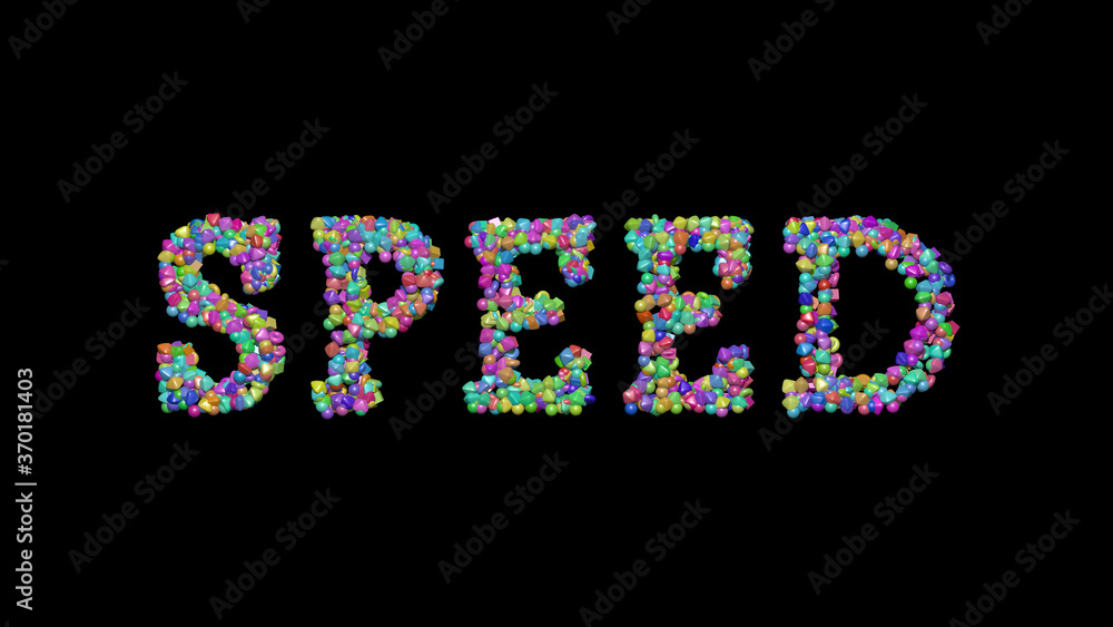 speed written in 3D illustration by colorful small objects casting shadow on a black background. abstract and design speed written in 3D illustration by colorful small objects casting shadow on a black background. abstract and design