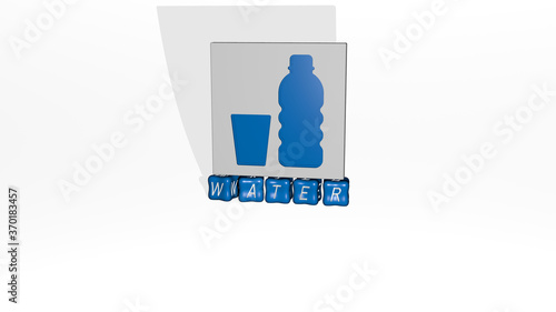 3D graphical image of WATER vertically along with text built by metallic cubic letters from the top perspective, excellent for the concept presentation and slideshows. background and blue photo