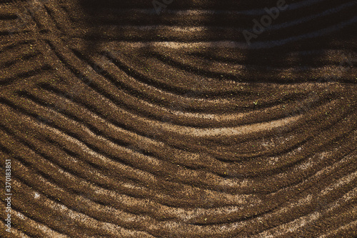 Aerial view of coffee beans scattered on the ground in special area for drying in the sun. Fair trade storytelling concept. 