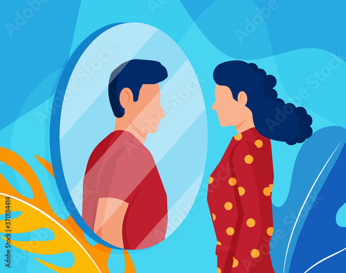 Woman transgender looking in mirror and seeing man. Imaginary reflection, concept of transgenderism. Boy and girl sexual orientation. LGBT pride, gender identity. Cartoon flat vector illustration
