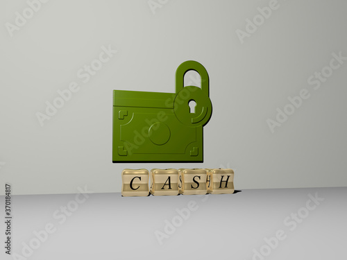 3D representation of CASH with icon on the wall and text arranged by metallic cubic letters on a mirror floor for concept meaning and slideshow presentation. business and money photo