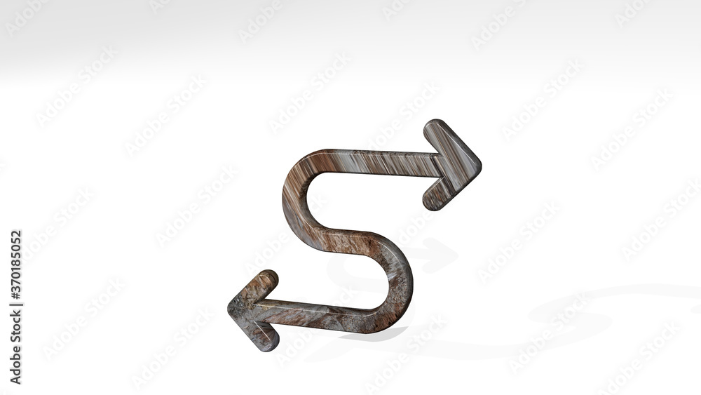 diagram curvy both direction casting shadow with two lights. 3D illustration of metallic sculpture over a white background with mild texture. business and chart diagram curvy both direction casting shadow with two lights. 3D illustration of metallic sculpture over a white background with mild texture. business and chart