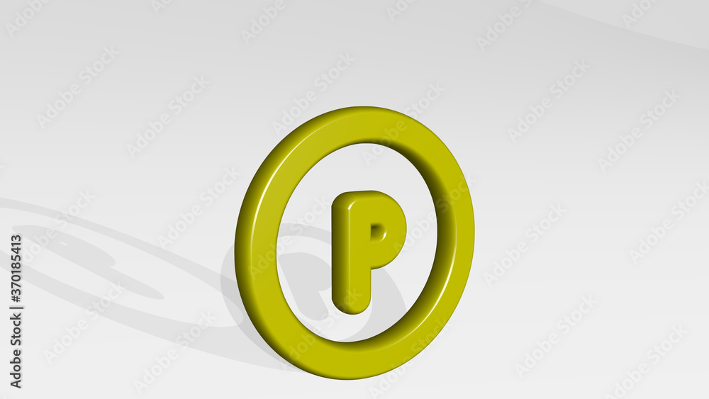 road sign parking alternate from a perspective with the shadow. A thick sculpture made of metallic materials of 3D rendering. background and city