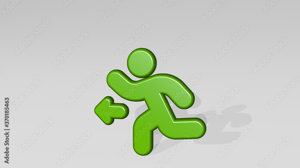 safety exit left stand with shadow. 3D illustration of metallic sculpture over a white background with mild texture. icon and concept safety exit left stand with shadow. 3D illustration of metallic sculpture over a white background with mild texture. icon and concept