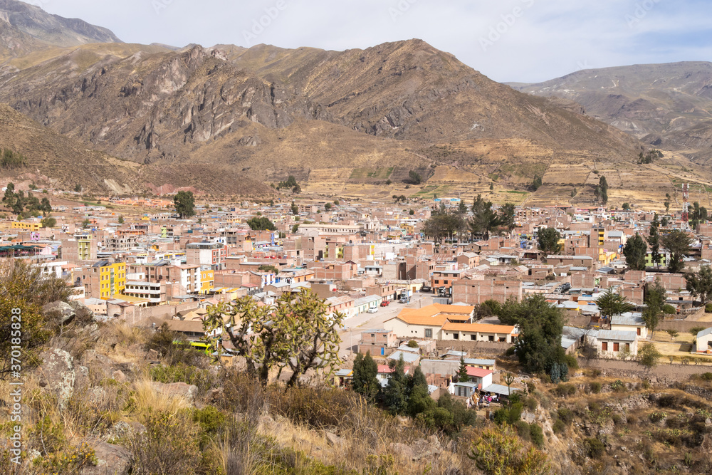 View of pre-Inca ruins and Chivay , in Peru.