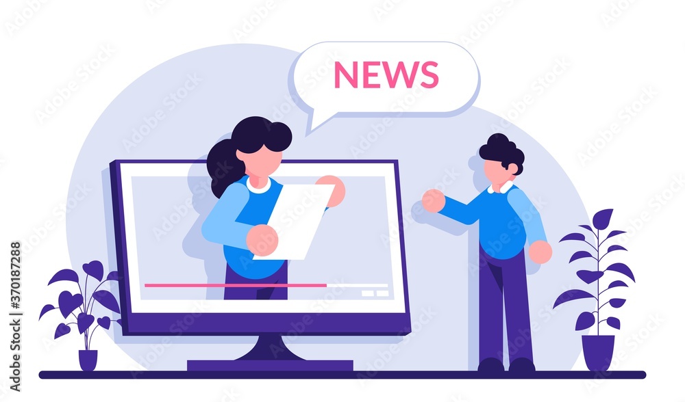 Video news concept. The TV presenter talks about the current news. Man watches a TV show on a monitor screen. Modern flat illustrator. Video news concept. The TV presenter talks about the current news. Man watches a TV show on a monitor screen. Modern flat illustrator.