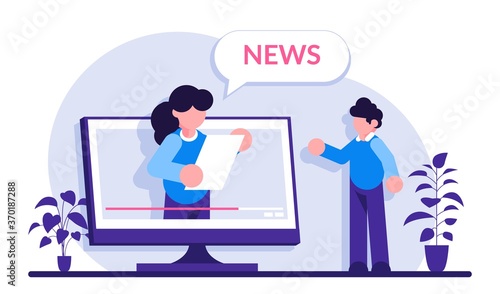 Video news concept. The TV presenter talks about the current news. Man watches a TV show on a monitor screen. Modern flat illustrator.