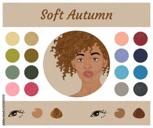 Stock vector seasonal color analysis palette for soft autumn. Best colors for soft autumn type of female appearance. Face of young african american woman