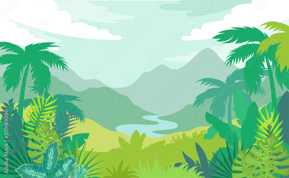 Fototapeta premium Colorful tropical forest landscape vector illustration
