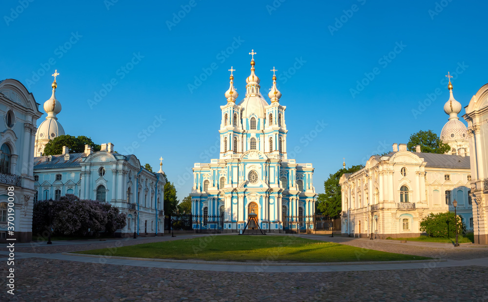 Saint Petersburg. Russia. Smolny Cathedral against the blue sky. Cathedrals Of St. Petersburg. Architecture Of St. Petersburg. Religious buildings in Russia. Travel to Russia in the summer.