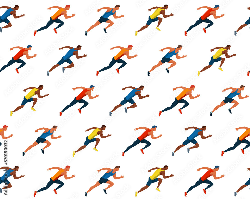 Athletes run . Race of athletes. Young men are jogging Vector flat design seamless pattern. Sports activity Athletes run . Race of athletes. Young men are jogging Vector flat design seamless pattern. Sports activity