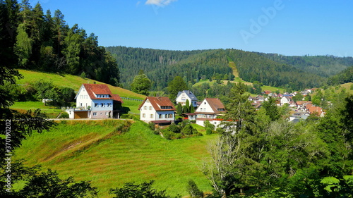 schöner Blick auf Enzklösterle im Schwarzwald mit Wiesen, Wald und Häusern an sonnigem Tag
