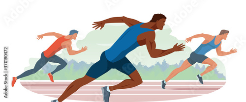 Athletes run through the stadium. Race of athletes. Young men are jogging in the fresh air. Vector flat design illustration. Sport competition between running men.