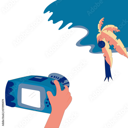 Vector illustration flat cartoon hand holding digital camera with blank screen,take a photo, picture of sea view with coconut tree with white background, Objects isolated on a white background