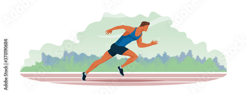 Athlete runs along the stadium track. Jogging train of a handsome guy with athletic physique in sportswear. Outdoor training run. Vector flat design banner illustration.