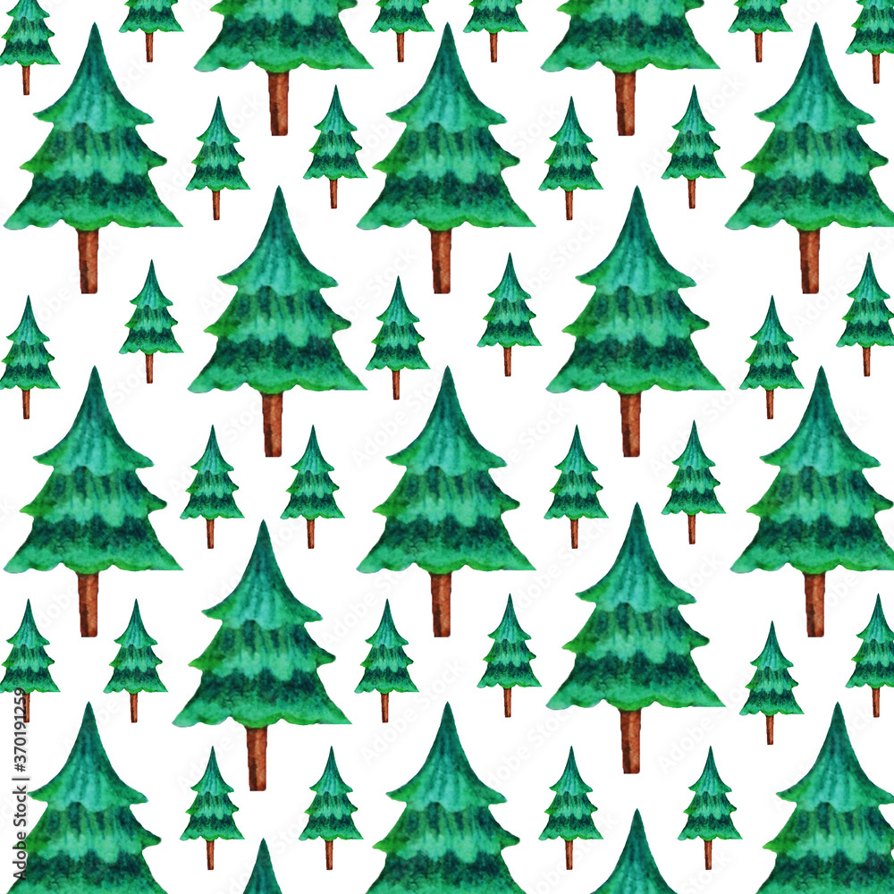 Watercolor pattern of Christmas trees on a white background.