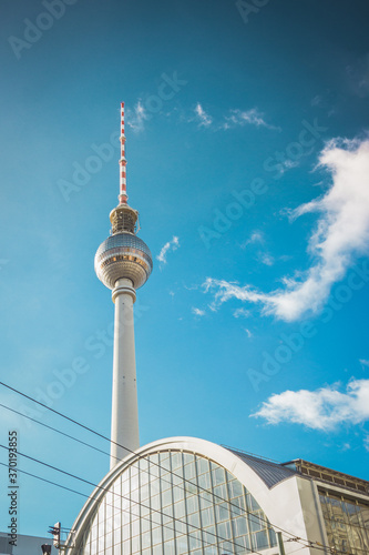 Main station with the famous TV tower in the background in Berlin  Germany.