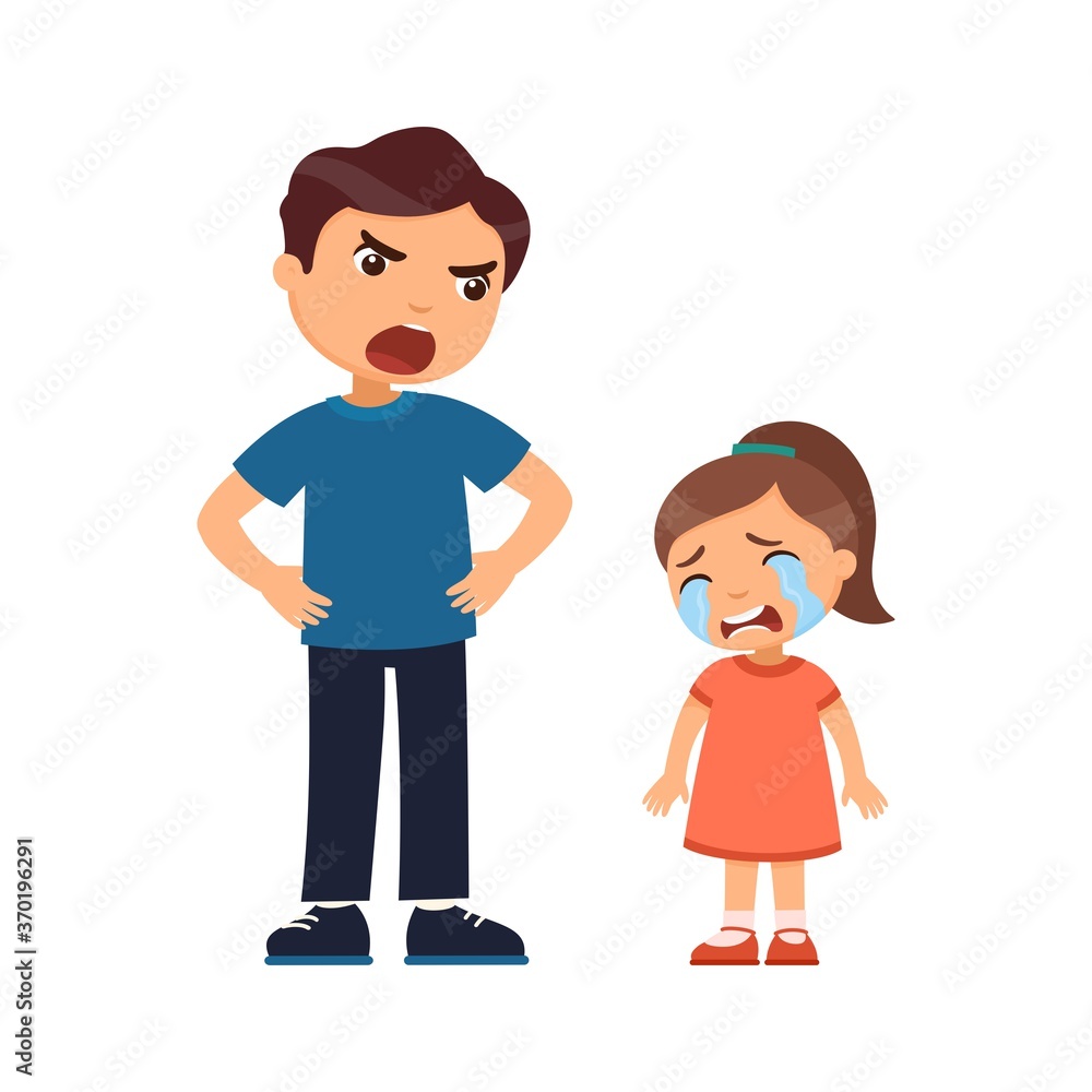 Father punishes a crying little girl. Abusive parenting concept. Cartoon character isolated on white background. Flat vector color illustration. Father punishes a crying little girl. Abusive parenting concept. Cartoon character isolated on white background. Flat vector color illustration.