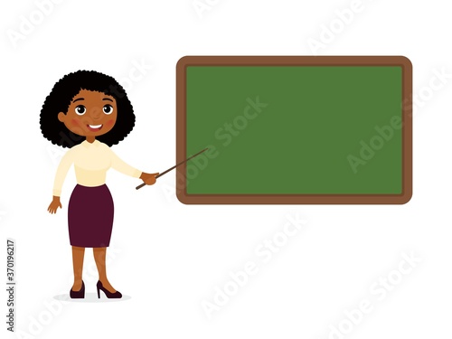 Dark skin female teacher standing near blackboard flat vector illustration. Smiling tutor pointing at blank chalkboard in classroom cartoon character. Educational process. School lesson, tutor explain