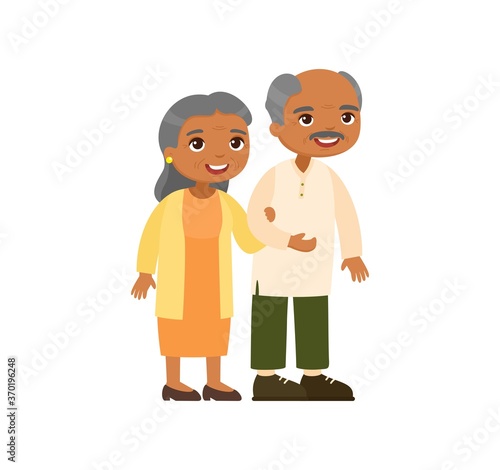 Old indian couple. Senior couple smiling and walking together. Elderly woman holds arm of elderly man. Happy married life concept. Vector illustration