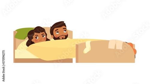 Indian young couple in bed. Clothes are scattered. Satisfied man and displeased woman. Unhappy married couple. Sexual problems concept . Colorful vector illustration in flat cartoon style.