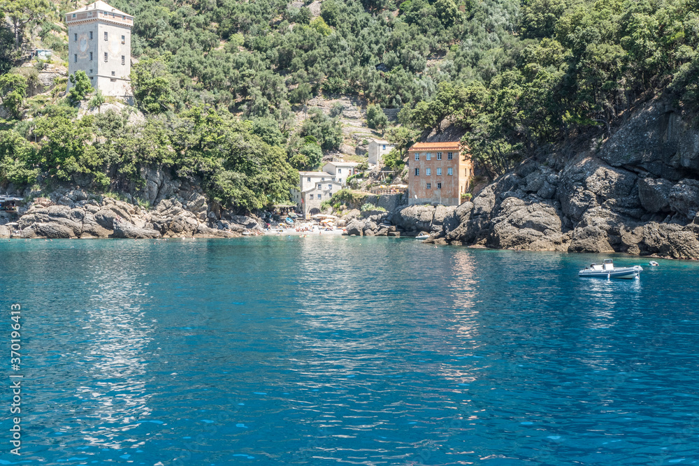 The beautiful bay of San Fruttuoso in Portofino with green water