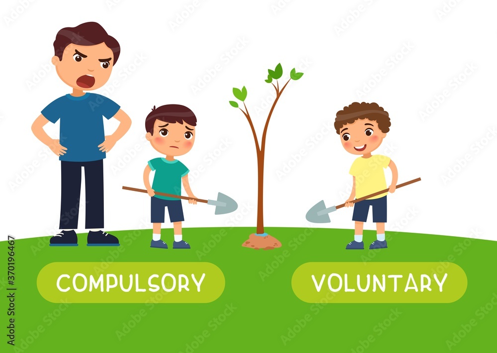 Compulsory and voluntary antonyms word card vector template. Flashcard