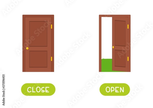 Close and open antonyms word card vector template. Flashcard for english language learning. The wooden door is open, the door is locked.