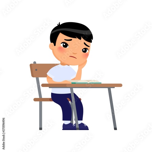 Toothache concept. Boy in school uniform holds a hand on a cheek.  Unhappy asian schoolboy sitting at table. Sad elementary school student flat color vector illustration.