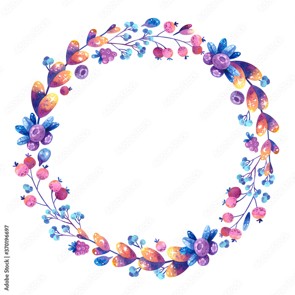 Empty circular frame with purple and pink cosmic plants. Flowers, leaves, berries with symbols of stars  and the moon. Blank floral color frame. Hand drawn watercolor illustration. 
