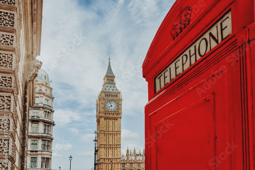 Canvas Print London - Big Ben tower and a red phone booth
