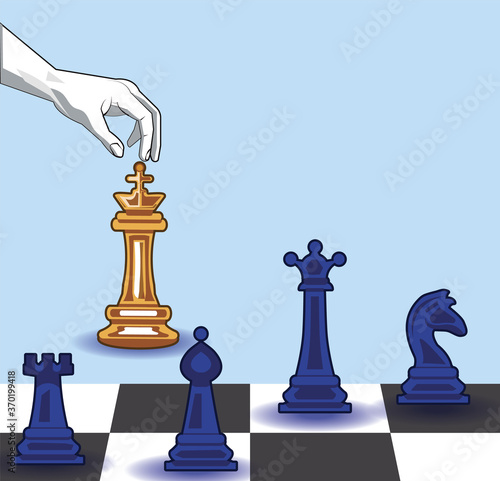 Vector illustration. Game of chess. The white king is dead, checkmate. The black Queen won.