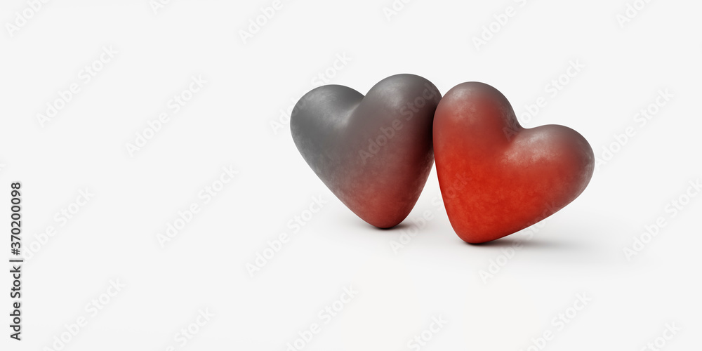 two hearts with gradient coloring, love infestation, valentine's day, web banner or template, 3d rendering